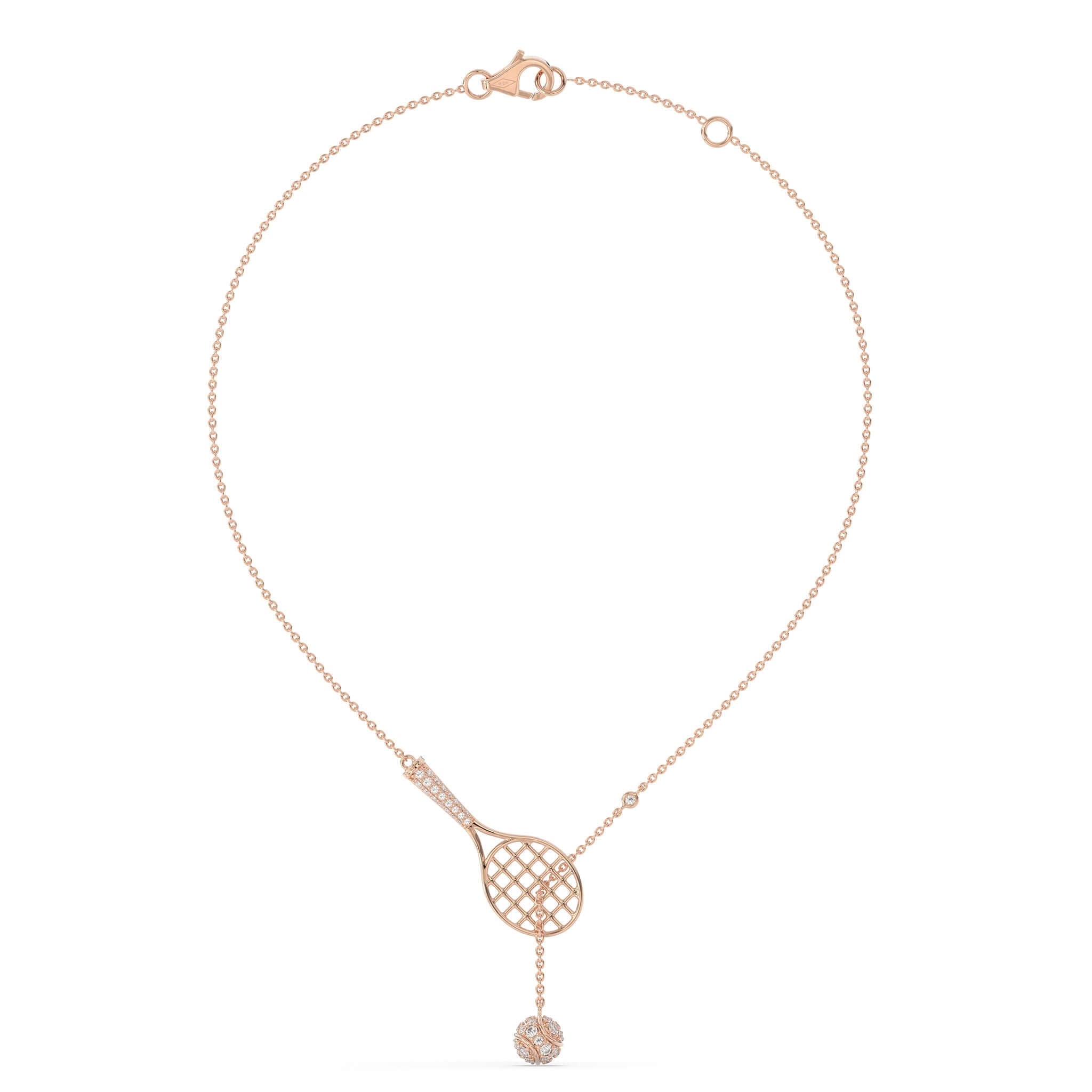 Champion's Racket Necklace featuring a tennis racket pendant and diamond-pavé tennis ball charm.